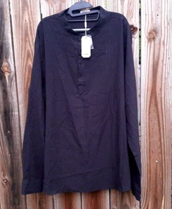 2XL COOFANDY Men's Cotton Hemp Henley Shirt Long Roll Sleeve Hippie Casual Black - Picture 1 of 8