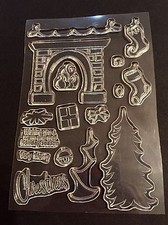 Clear Acrylic Cling Rubber Stamp Set New Christmas Fireplace Stockings Tree Xmas