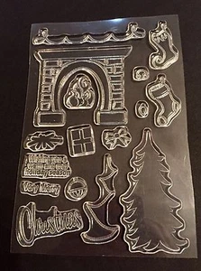 Clear Acrylic Cling Rubber Stamp Set NEW Christmas Fireplace Stockings Tree Xmas - Picture 1 of 1