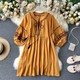 Women's Retro Ethnic Style Embroidery V Collar Drees Puff Sleeve Lace Up Fashion Women's Retro Ethnic Style Embroidery V Collar Drees Puff Sleeve Lace Up Fashion