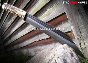 17'' Hand Forged J2 Steel Hunting Bowie Viking Valhalla Stag Horn Seax Knife