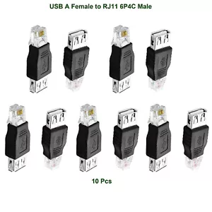 10x USB 2.0 A Female To RJ11 4 Pin 6P4C Male Ethernet Network Connector Adapter - Picture 1 of 12