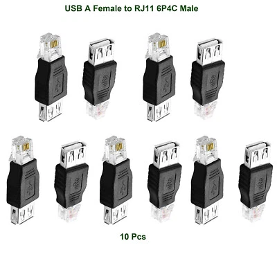 10x USB 2.0 A Female To RJ11 4 Pin 6P4C Male Ethernet Network Connector Adapter - Image 1 of 4