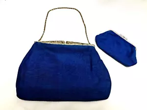 Vintage 50s era Linen Rayon Royal Blue Evening Bag w/Matching Coin Purse Handbag - Picture 1 of 10