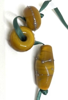 Handmade Lampwork Glass Bead Set W 2 Donut Beads 1 Longer Bead Silver Wire 30mm - Image 1 of 3