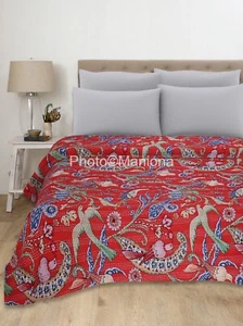 Indian Kantha Quilt Peacock Print Red Cotton king size Bedspread Throw Blanket - Picture 1 of 5