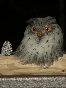 Vintage Ornament Grey Eurasian Eagle Owl Perched on Pine Log Soft Speckled Fur - Picture 1 of 11