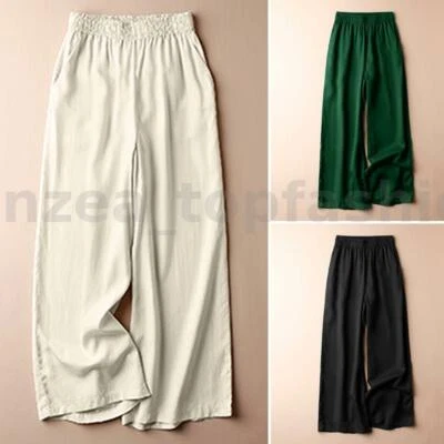  Mujeres Verano Informal Suelto Pantalones Largos Cintura Elástica Piernas Anchas Pantalones Salón EE. UU. Foto 1 de 4