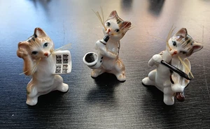 Adorable*Vintage*Set 3x Cat Musicians*Ceramic*Ornaments/Figurines*Nylon Whiskers - Picture 1 of 3