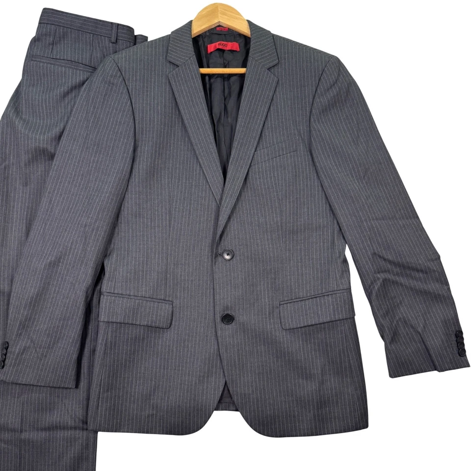 HUGO BOSS Men 38S Recent Gray Pinstripe S120 Wool Suit Blazer Pants 30x30 Preppy - Image 1 of 4