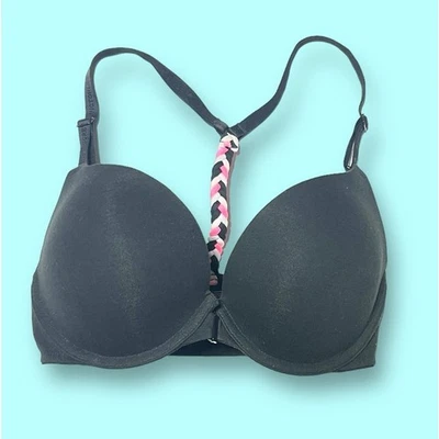 Victoria's Secret Push Up Plunge Bra Size 34D Black Cotton Racerback Front Close - Image 1 of 4