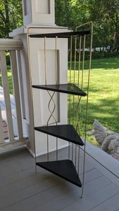 Vintage Mid Century Modern Black Metal And Gold Wire 4-Shelf Corner Plant Stand - Picture 1 of 13