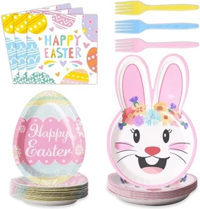 Tevxj 96PCS Easter Tableware Set Bunny Egg Shaped Disposable Paper Colorful - Picture 1 of 7