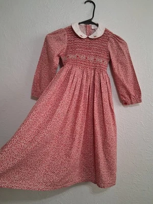 Girls Size 5 Smocked Dress Red Long Sleeve Peter Pan Cottagecore Prairie Floral - Image 1 of 4