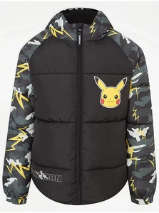 Pokemon Cappotto Invernale Imbottito Scuola Puffer Cappuccio Mimetico Nero Foderato in Pile - Foto 1 di 4