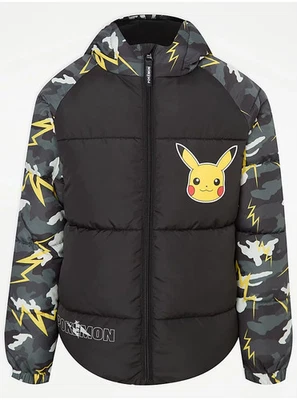 Pokemon Padded Winter Coat School Puffer CCamouflage Hood Black Fleece Lined - Image 1 of 4