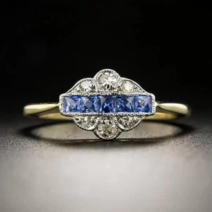 Pequeño anillo de zafiro eduardiano inglés Art Deco creado en laboratorio en anillo de plata 925 - Imagen 1 de 5