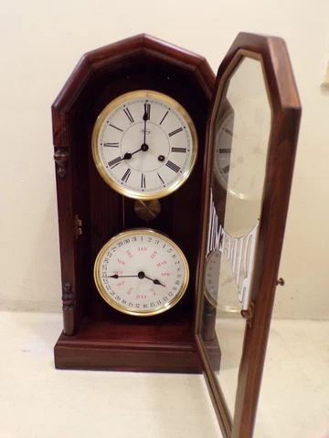 Ridgeway 2 dial chime mechanical mantle 22"  shelf CALENDAR clock works w key Cover