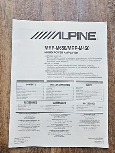 Alpine Owner's Manual MRP-M650 / MRP-M450 Mono Power Amplifier - Picture 1 of 2