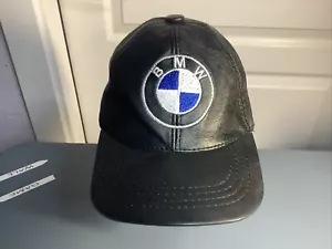 Vintage BMW Leather Cap Hat Big Logo Black One Size Fit All - Picture 1 of 7