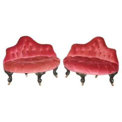 BONITO PAR DE SILLAS DE CONVERSACIÓN ANTIGUAS VICTORIANAS CHESTERFIELD VENTANA ACOLCHADA Foto 1 de 4