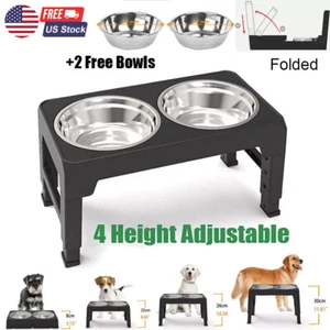 Elevated Dog Bowl Pet Feeder Stainless Steel Raised Food Water Stand w/ 2 Bowls - Picture 1 of 17