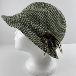 Unisex Houndstooth 1970s Brown Vintage Retro Fedora Hat Feathers - Picture 1 of 12
