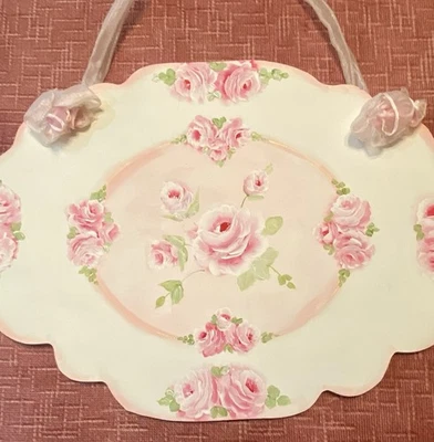 PLACA COLGANTE DE MADERA PINTADA A MANO ROSAS ROSADAS ROMÁNTICAS CHIC HP SHABBY COTTAGE Foto 1 de 4