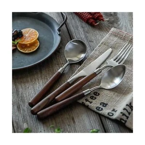 Wood Silverware Set for 4 Wooden Flatware Cutlery Utensils Set 18/10 Stainles... - Picture 1 of 9