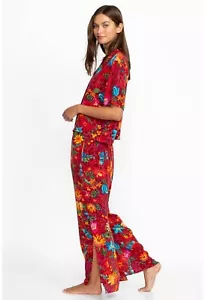 Johnny Was Brooklyn 100% Silk Long Pajama Set Red Floral Short Sleeve S NWOT - Picture 1 of 16