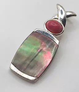 Vintage Sterling Pendant Abalone Shell Pink Stone Abstract Shape 925 Estate - Picture 1 of 4