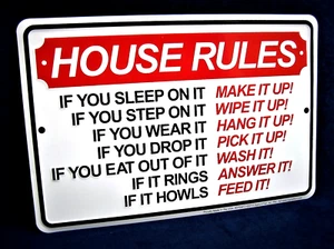 HOUSE RULES - *US MADE* Embossed Sign - Man Cave Garage Bar Kitchen Wall Decor - Picture 1 of 9