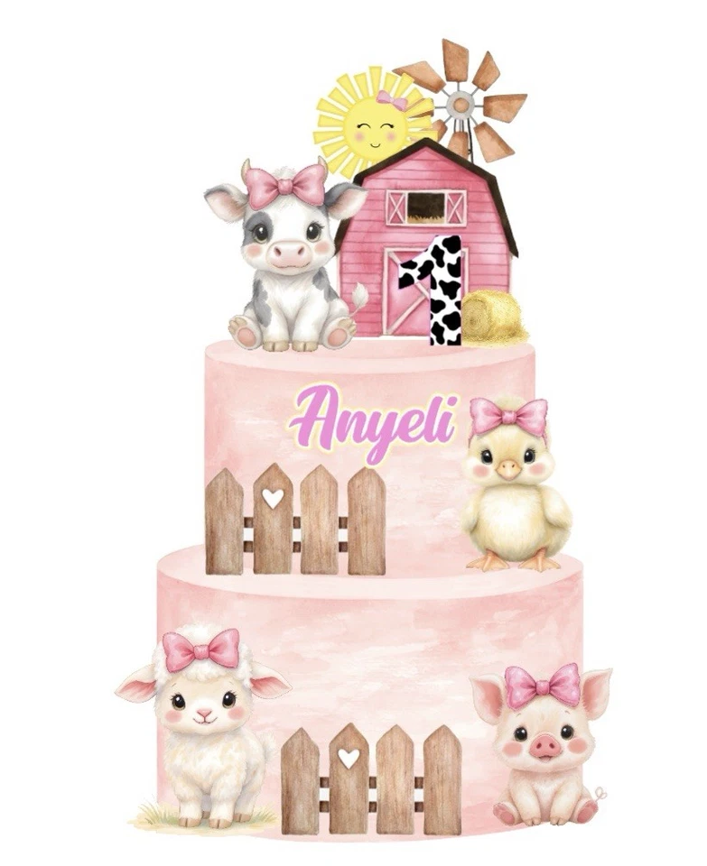 9 ШТ. Украшение для Торта с Сельскохозяйственными Животными для Младенцев. Персонализированные с именем и возрастом. - Изображение 1 из 2