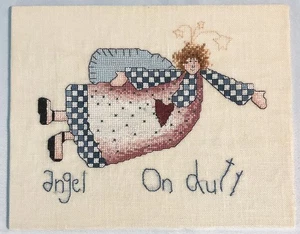 Completo Contado Punto de Cruz ANGEL ON DUTY Primitivo Arte Popular Estilo Sobre Lino - Imagen 1 de 6