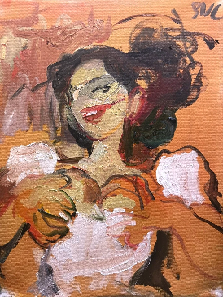 Pintura al óleo retrato niña tocador interior 18"x14" lienzo original firmado Foto 1 de 1