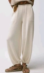 Free People Beach Freya Strick Barrel Leg fließende Hose elfenbein Küste Boho Large - Bild 1 von 7