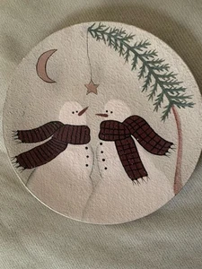 Donna White 6 Inch Snowmen Moon Star Tree Wood Plate Primitive Signed - Picture 1 of 3