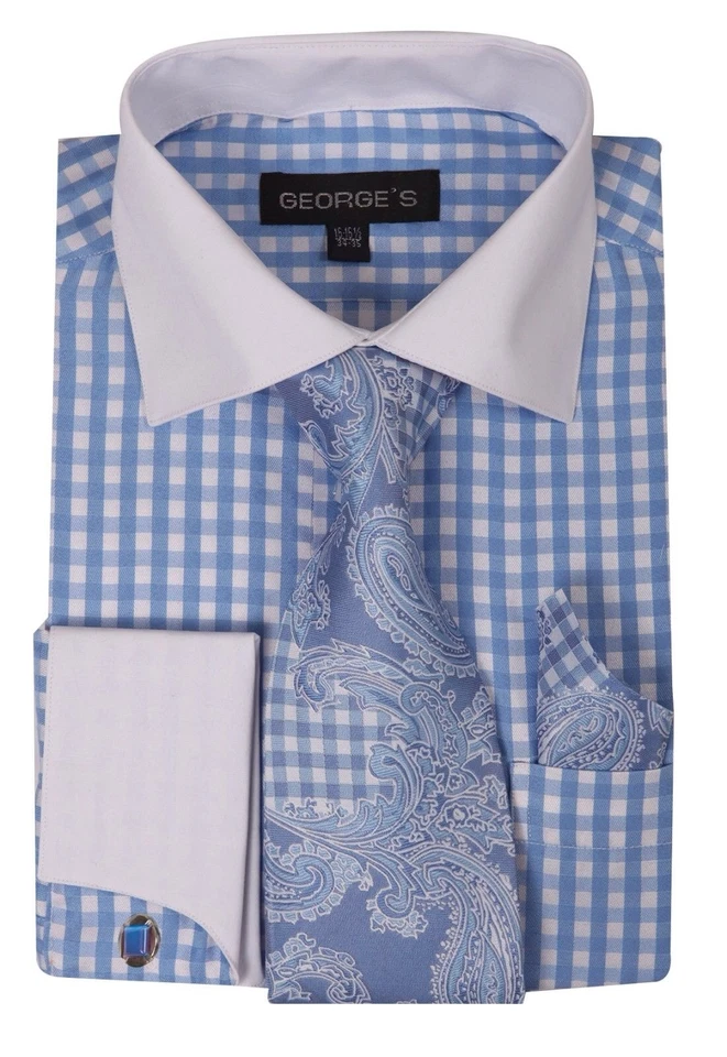Nueva camisa de vestir de puño francés con corbata y pañuelo y gemelos diseñados en cachemira       Foto 1 de 1