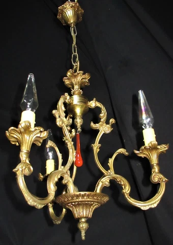 VTG DECO ERA FRENCH PETITE BRASS CEILING CHANDELIER FIXTURE RED CRYSTAL 40's Cover