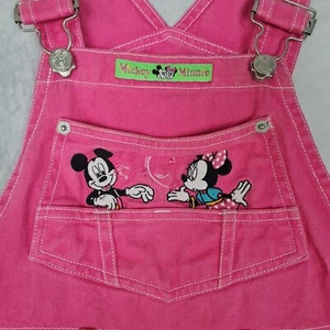 Vintage Mickey Mouse Shortalls Girls 12 Pink Embroidered Minnie Baggy Overalls - Picture 1 of 23