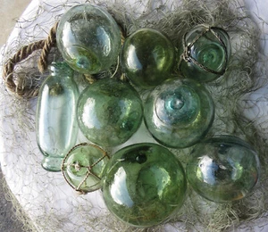 Japanese GLASS FLOATS Mixed (9) Varied GREEN Swirls Marks Bubbles Antique USA Bz - Picture 1 of 13