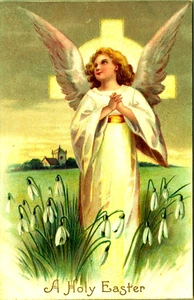 Blonde Angel Wings Cross Snowdrop Flowers Holy Easter Embossed Postcard - Picture 1 of 2