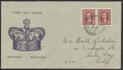 1937 #233 3c George VI Mufti FDCPair Large Blue Crown Cachet Winnipeg Orb - Image 1 of 2