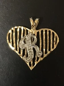 14K gold Heart Pendent for Necklace with white gold "R" & 4 diamonds - Picture 1 of 12
