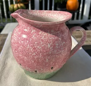 Large Spatterware Stoneware Pitcher Vase Jug Pink & Green - Picture 1 of 8