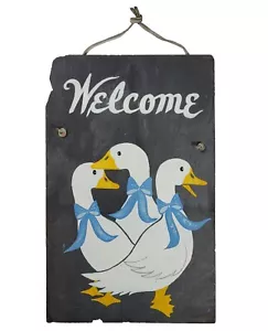 Hand Painted White Ducks In Blue Bows Hanging Slate Welcome Sign, 10"x16" - Picture 1 of 8