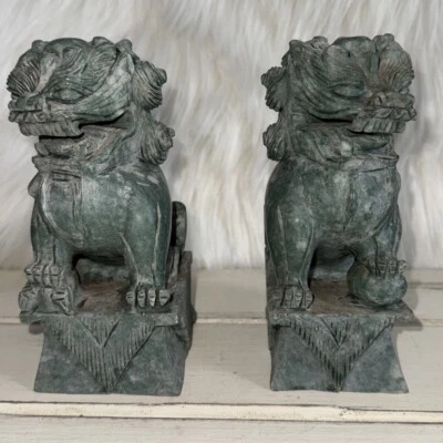 Par De Colección de Perros Chinos de Piedra Dura Verde/Jade de Foo para Buen Feng Sui Foto 1 de 4