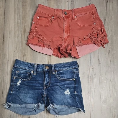LOTE DE 2 Pantalones Cortos Para Mujer American Eagle Talla 6 Hi-Rose Elastizados, Denim y Festival Foto 1 de 4
