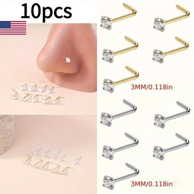 10 piezas piercing de nariz en forma de L para mujer 3 mm circonita cúbica nariz tornillo oreja anillos Foto 1 de 4