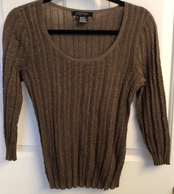 Etcetera 女式棕色棉混纺罗纹电缆金属线毛衣上衣 L 码 — 第 1/4 张图片